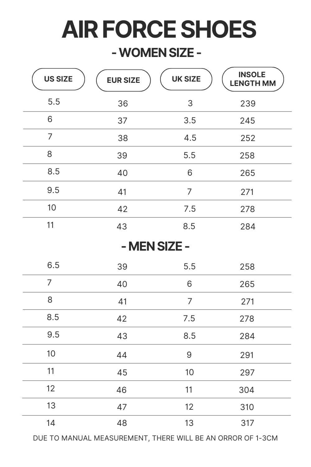 Air Force Shoes Size Chart - Bersek UK Shop
