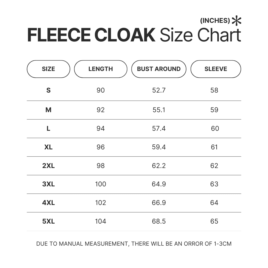 Fleece Cloak Size Chart - Bersek UK Shop