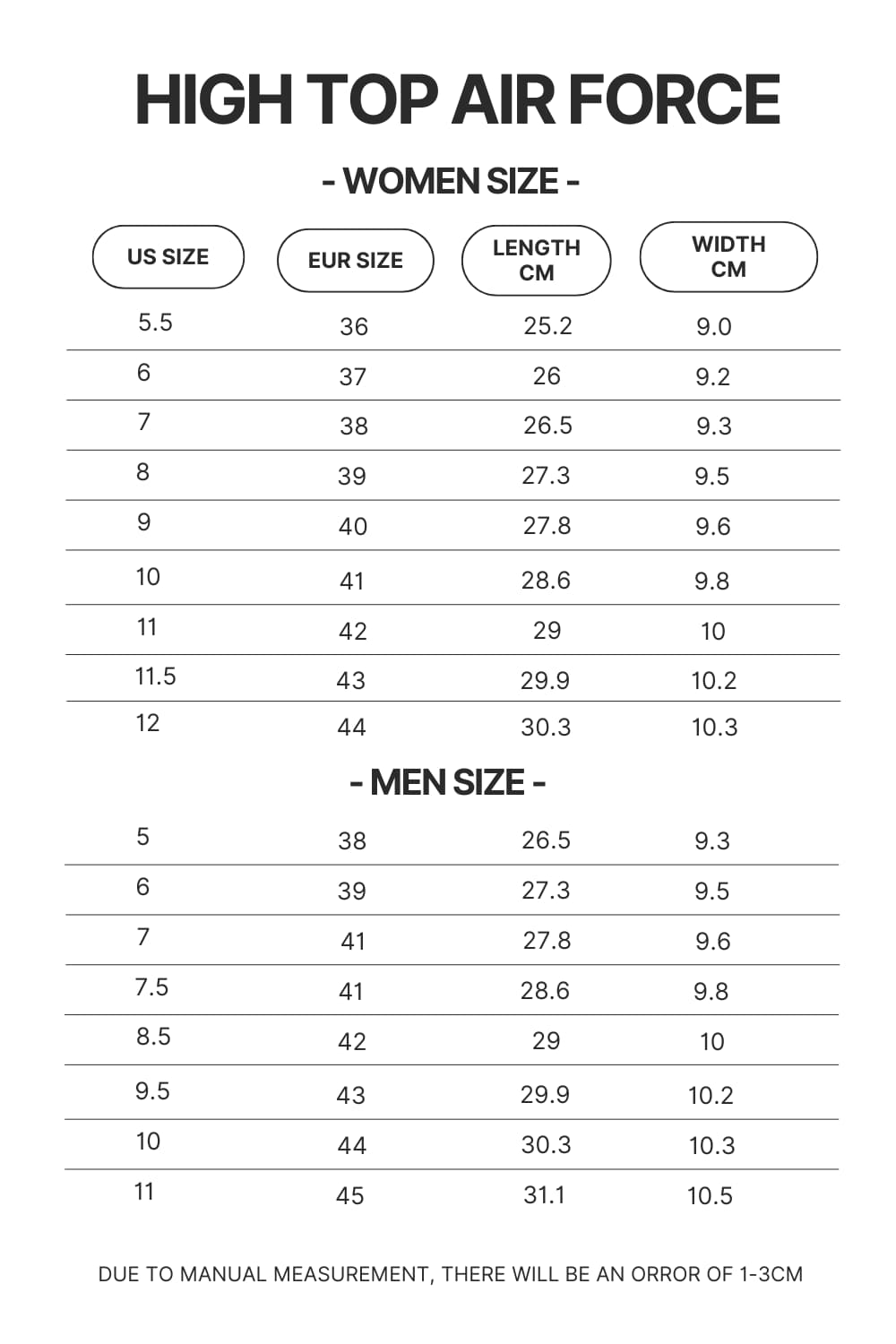 High Top Air Force Shoes Size Chart - Bersek UK Shop