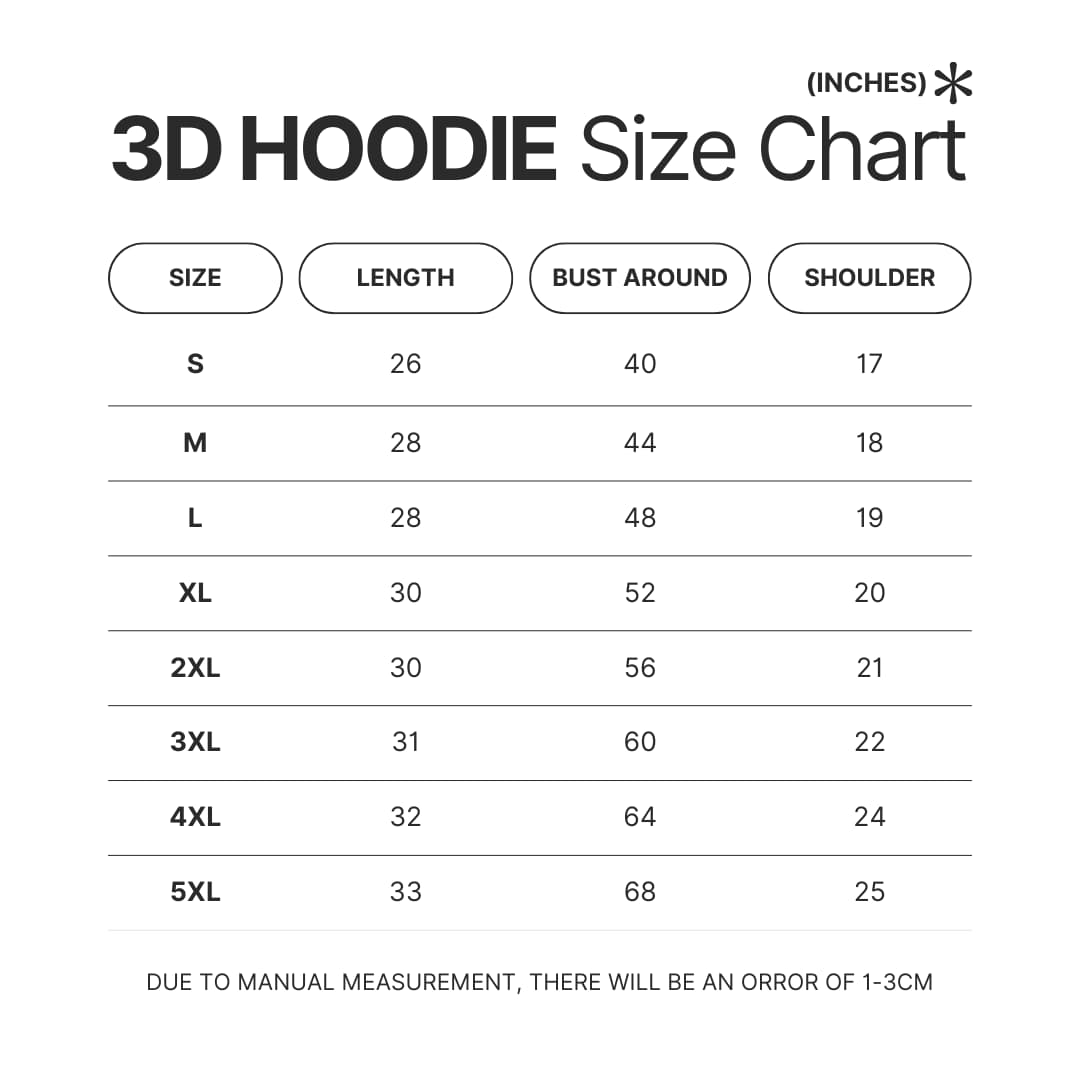 3D Hoodie Size Chart - Bersek UK Shop