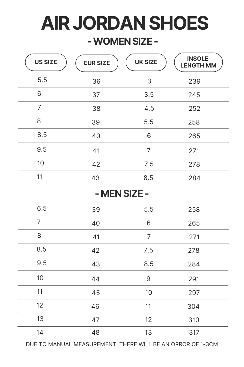 Air Jordan Shoes Size Chart - Bersek UK Shop